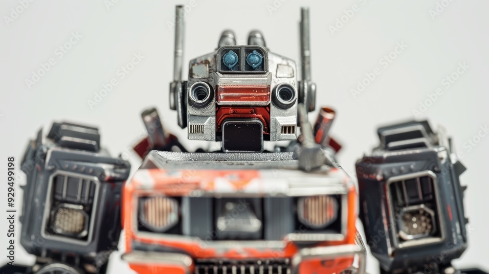 Robot with orange and grey details stands guard in a white studio Robot with orange and grey details stands guard in a white studio