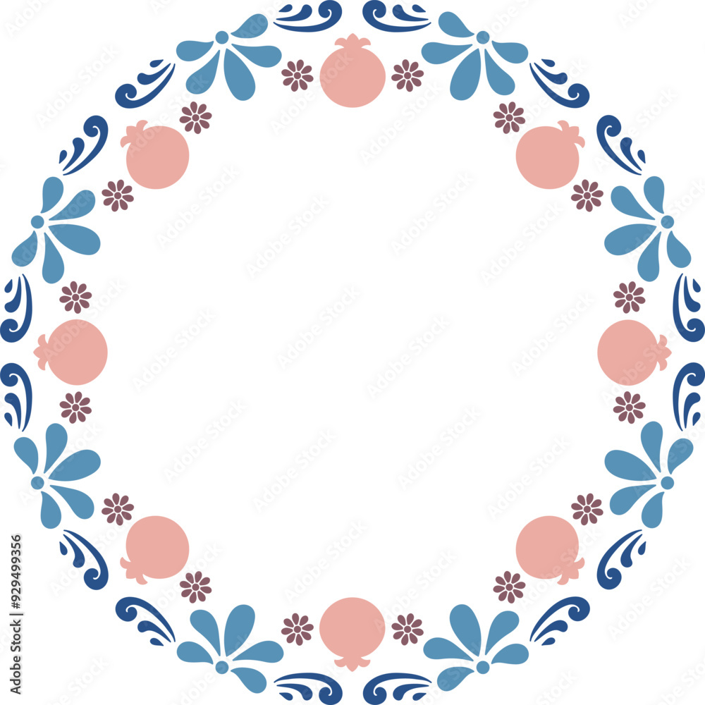 Scandinavian style ornament with pomegranates round frame border Scandinavian style ornament with pomegranates round frame border