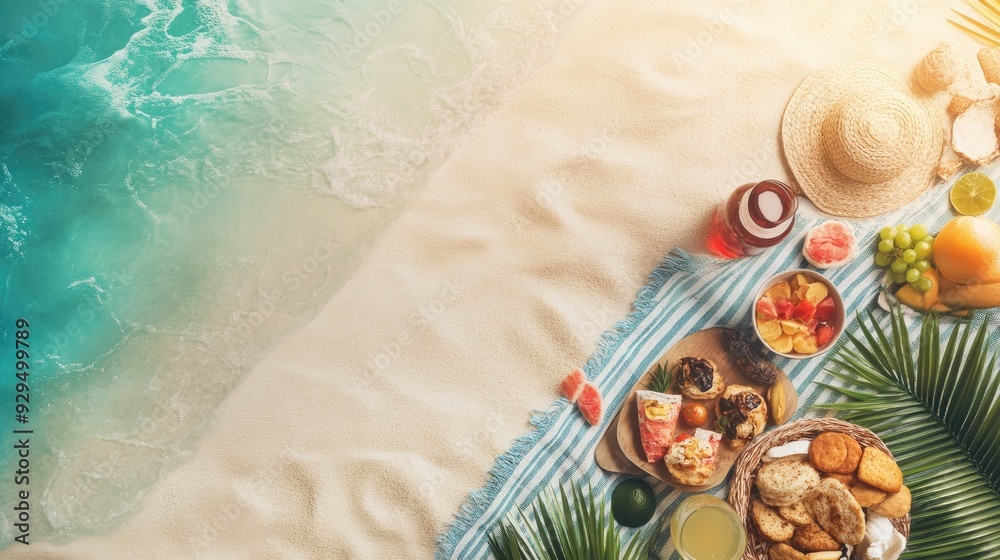 Beach picnic poster with snacks and drinks on a blanket, offering clear space for event information. Beach picnic poster with snacks and drinks on a blanket, offering clear space for event information.