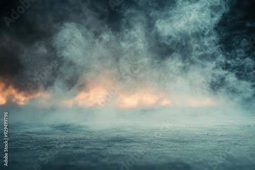 Smoke On Cement Floor With Defocused Fog In Halloween Abstract Background , ai