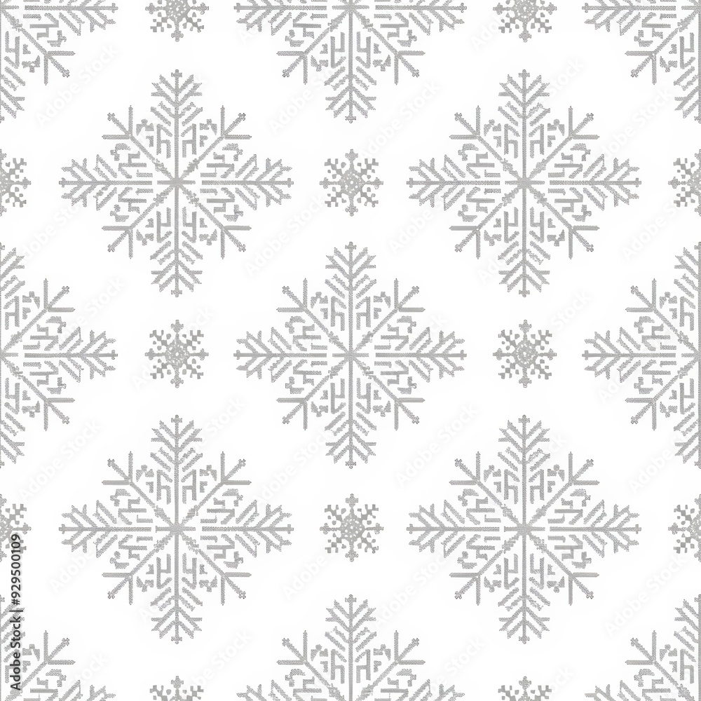 Seamless knitting pattern with silver snowflakes on white background. New Year and Christmas concept. Traditional Fair Isle style. Cozy winter design for print, banner, poster, paper, textile, fabric Seamless knitting pattern with silver snowflakes on white background. New Year and Christmas concept. Traditional Fair Isle style. Cozy winter design for print, banner, poster, paper, textile, fabric