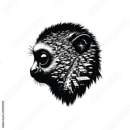 silhouette of Tarsier, filled with ghetto street in rough drawing,