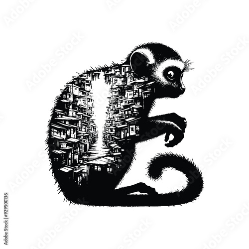 silhouette of Tarsier filled with ghetto street in rough drawing,