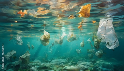 Wallpaper Mural illustration of ocean full of garbage, plastic bags in the future Torontodigital.ca