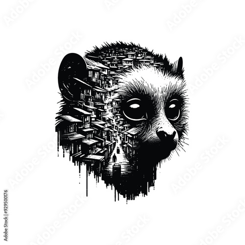 silhouette of Tarsier, filled with ghetto street in rough drawing,
