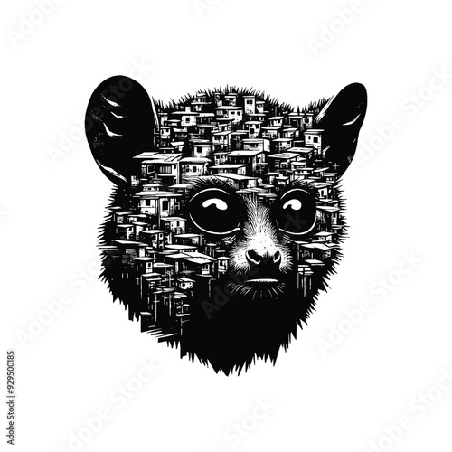 silhouette of Tarsier, filled with ghetto street in rough drawing,