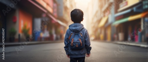 A Young Boy Walks Away From The Camera, Looking Towards a Blurry City Street