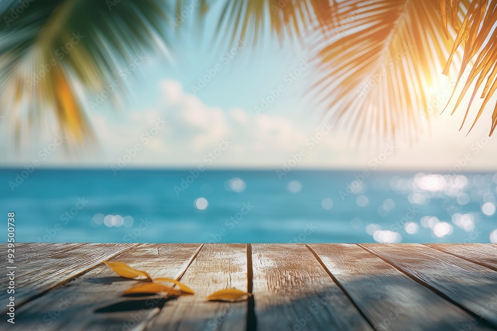 Summer Table And Sea With Blurred Leaves Palm And Defocused Bokeh Light On Ocean - Wooden Plank In Abstract Landscape , ai