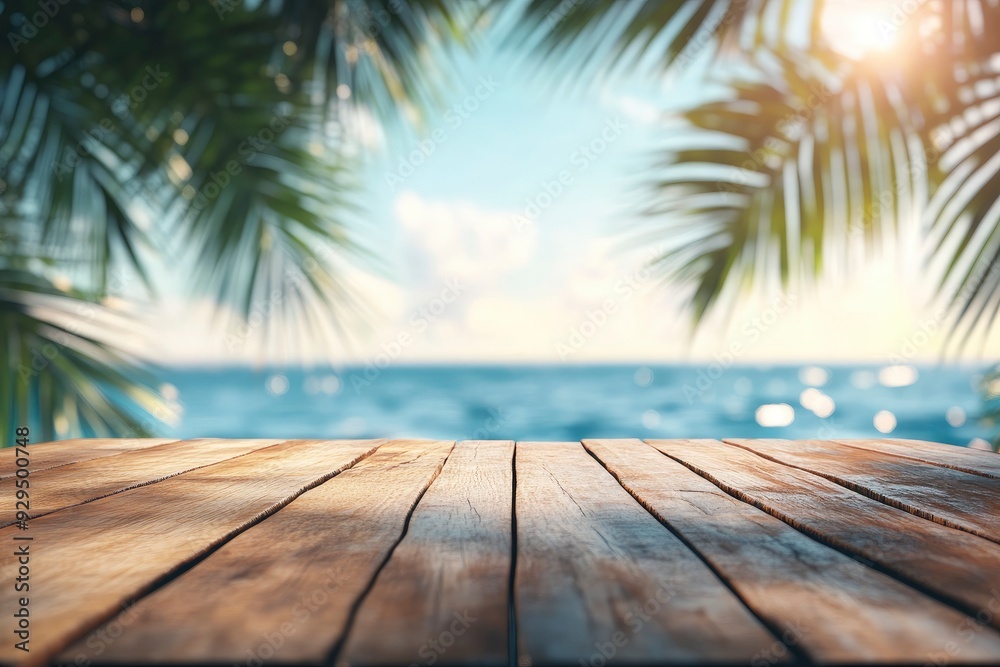 Summer Table And Sea With Blurred Leaves Palm And Defocused Bokeh Light On Ocean - Wooden Plank In Abstract Landscape , ai Summer Table And Sea With Blurred Leaves Palm And Defocused Bokeh Light On Ocean - Wooden Plank In Abstract Landscape , ai
