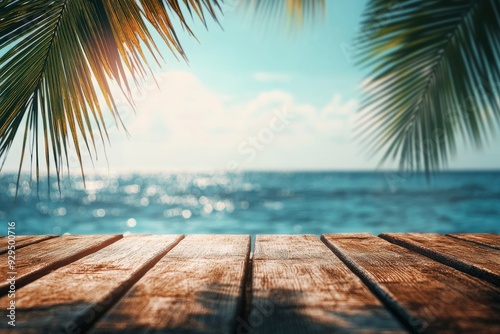 Summer Table And Sea With Blurred Leaves Palm And Defocused Bokeh Light On Ocean - Wooden Plank In Abstract Landscape , ai