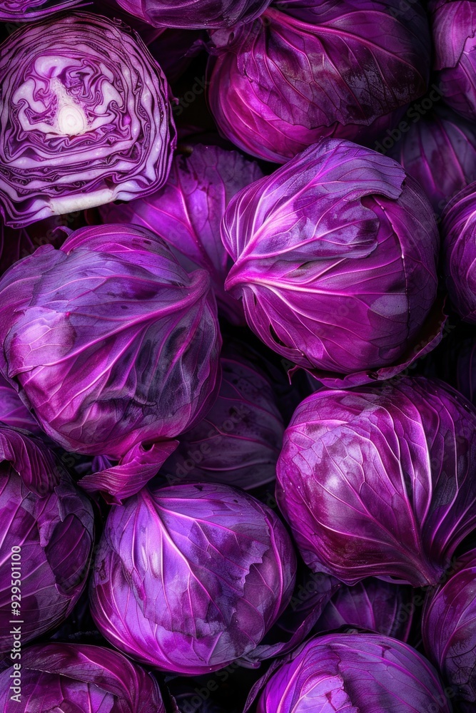 A close-up shot of a vibrant purple cabbage, ideal for use in food and health-related contexts A close-up shot of a vibrant purple cabbage, ideal for use in food and health-related contexts