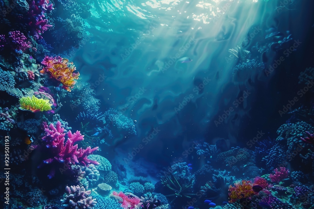 Underwater scene featuring a vibrant coral reef with sunlight shining down, suitable for use in ocean-related designs or projects Underwater scene featuring a vibrant coral reef with sunlight shining down, suitable for use in ocean-related designs or projects