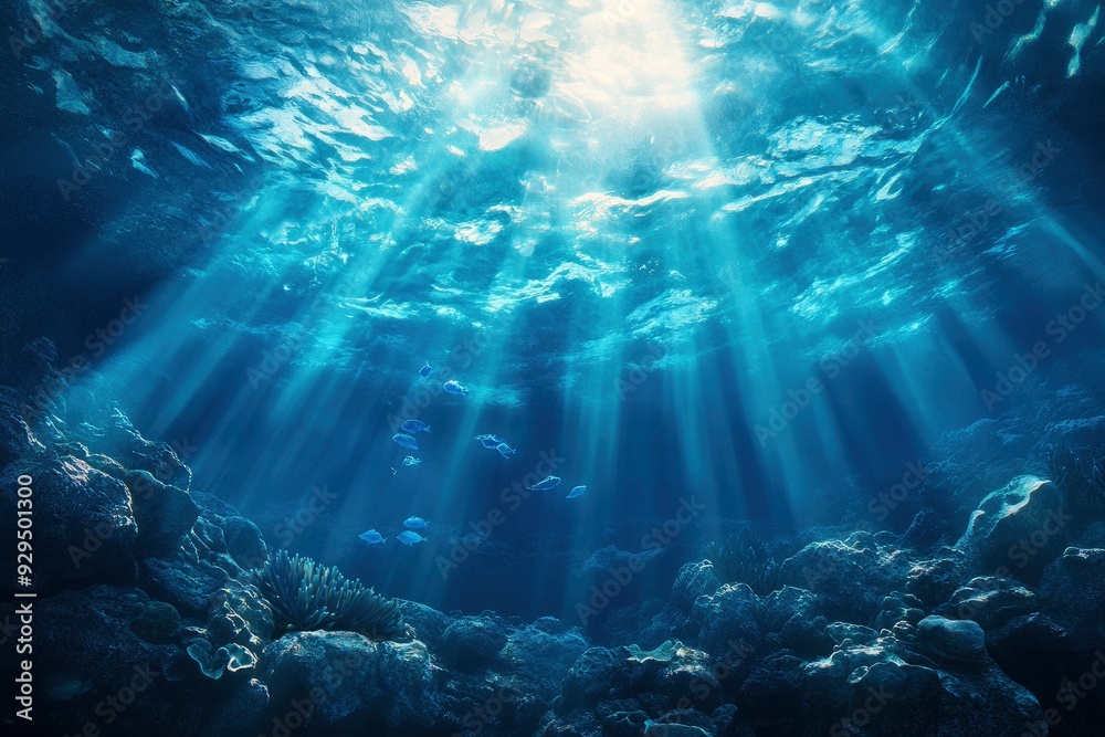 Obraz premium Underwater Sea - Deep Water Abyss With Blue Sun light , ai