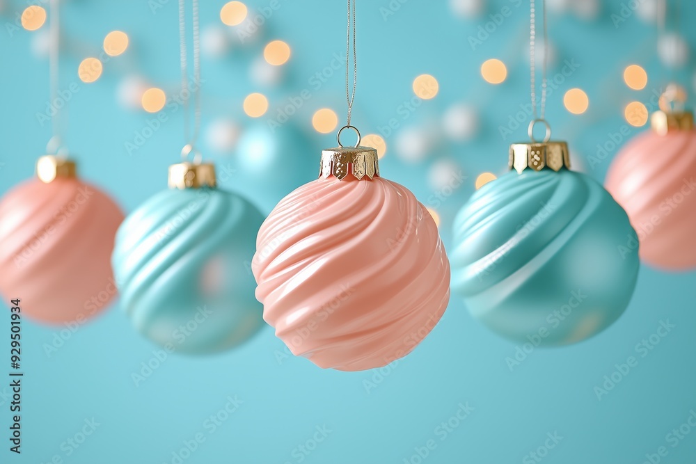 A close-up of elegant Christmas ornaments in soft pastel colors, featuring a combination of blush pink and mint blue baubles. A close-up of elegant Christmas ornaments in soft pastel colors, featuring a combination of blush pink and mint blue baubles.
