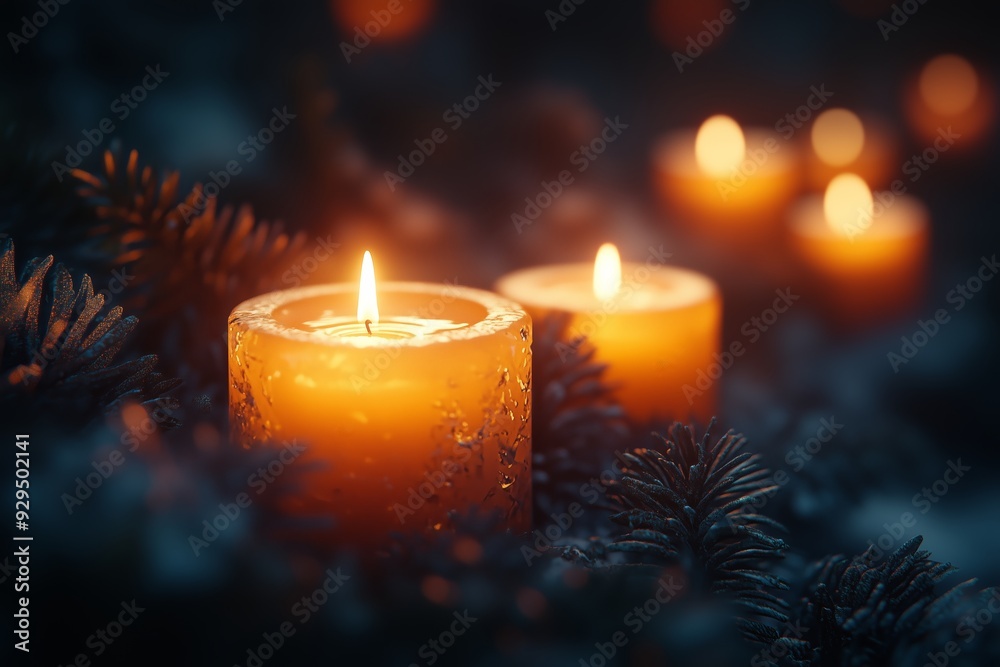 A serene close-up of a glowing orange candle surrounded by soft pine leaves, creating a warm and inviting atmosphere.