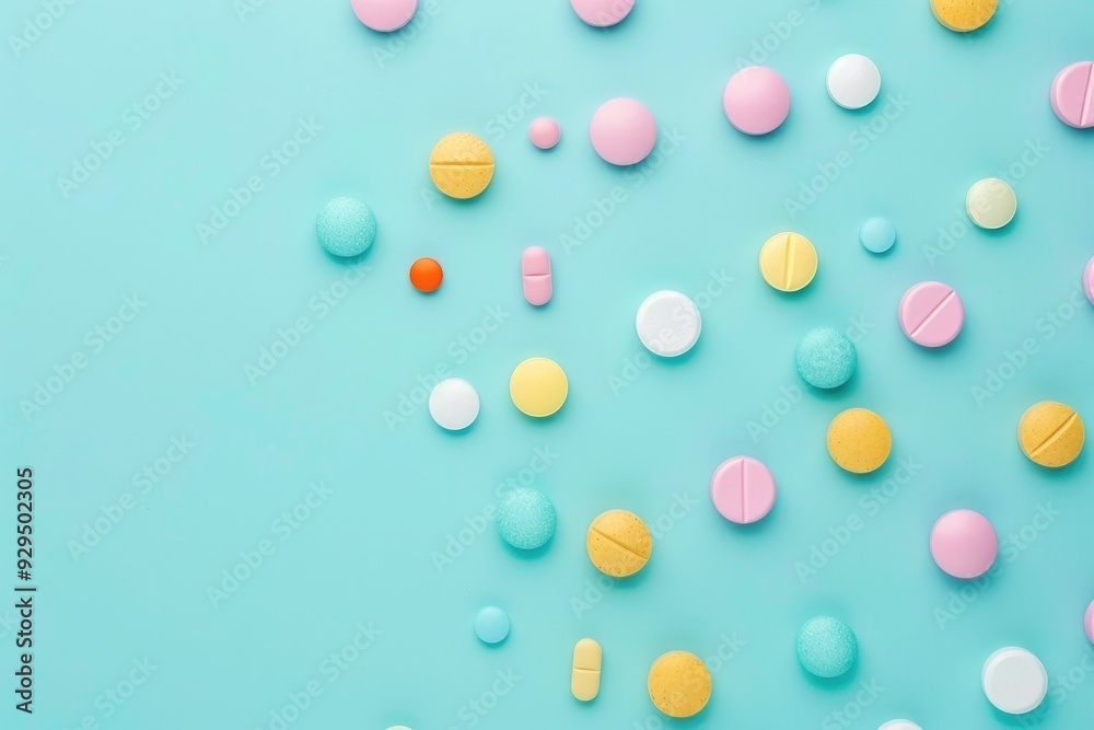A collection of colorful pills arranged on a blue surface A collection of colorful pills arranged on a blue surface