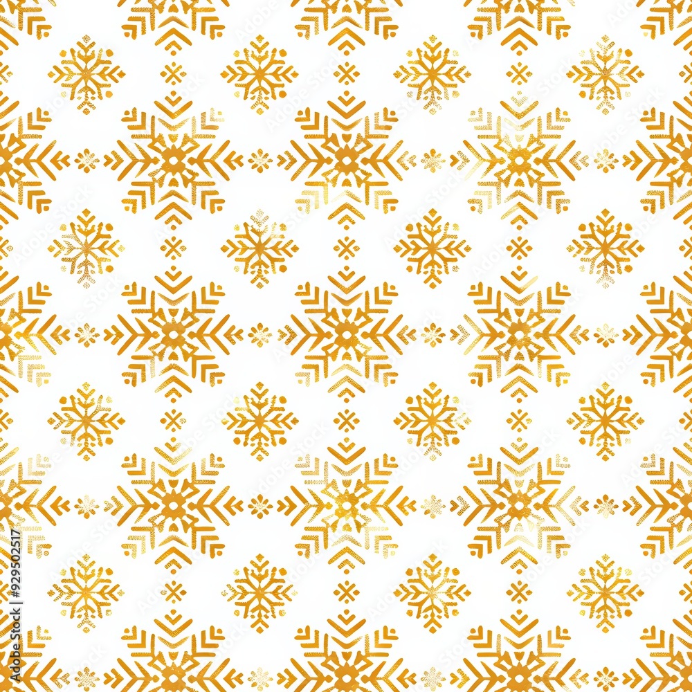 Seamless knitting pattern with golden snowflakes on white background. New Year and Christmas concept. Traditional Fair Isle style. Cozy winter design for print, banner, poster, paper, textile, fabric Seamless knitting pattern with golden snowflakes on white background. New Year and Christmas concept. Traditional Fair Isle style. Cozy winter design for print, banner, poster, paper, textile, fabric