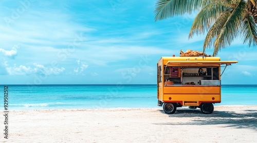 Food truck parked by the beach with clear space above and below for flyer content.