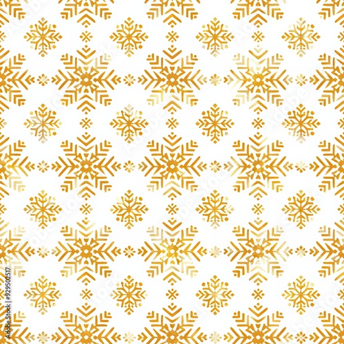 Seamless knitting pattern with golden snowflakes on white background. New Year and Christmas concept. Traditional Fair Isle style. Cozy winter design for print, banner, poster, paper, textile, fabric