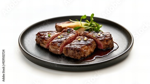 Michelin-style steak with caramel glaze on a plate, captured in super HD with studio lighting and depth of field on a white background.