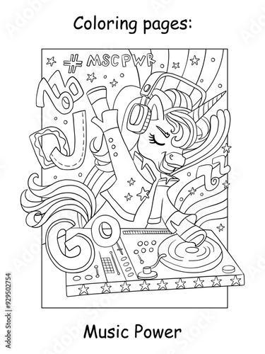 Cute rock music DJ unicorn kids coloring vector illustration