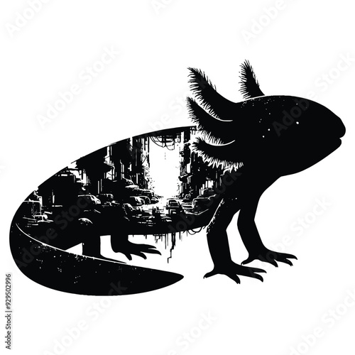 silhouette of Axolotl, silhouette, filled with destroyed futuristic dystopia environment in rough drawing,