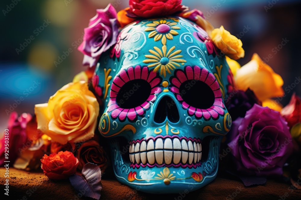 Flower-covered mexican skull: a striking symbol of dia de muertos, reflecting the blend of beauty and reverence in the mexican tradition of celebrating the lives of those who have passed away. Flower-covered mexican skull: a striking symbol of dia de muertos, reflecting the blend of beauty and reverence in the mexican tradition of celebrating the lives of those who have passed away.