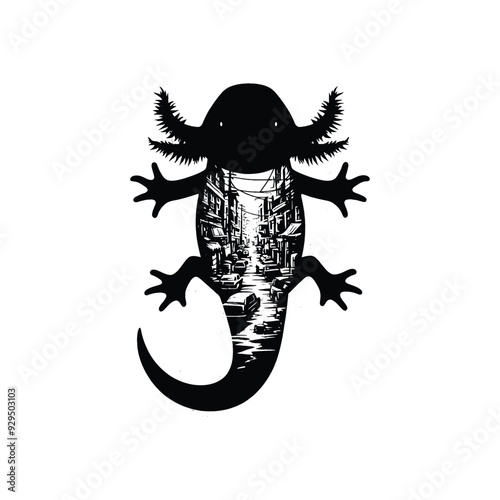 silhouette of Axolotl, silhouette, filled with ghetto street in rough drawing,