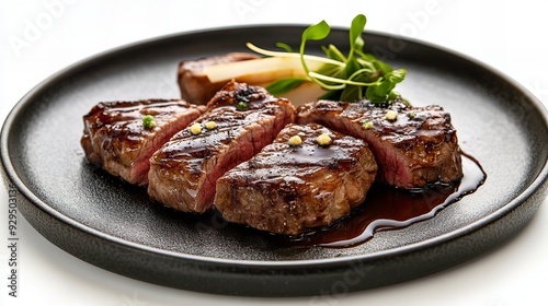 Michelin-style steak with caramel glaze on a plate, captured in super HD with studio lighting and depth of field on a white background.