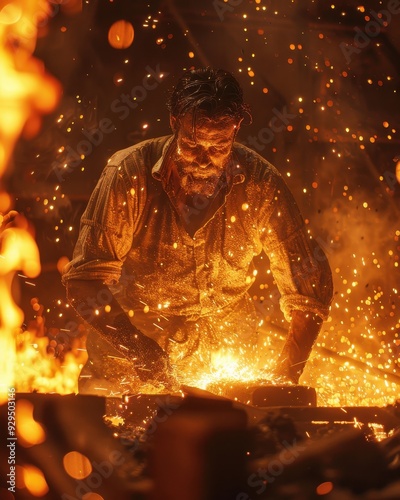 A Blacksmith Forging Metal with Sparks Flying