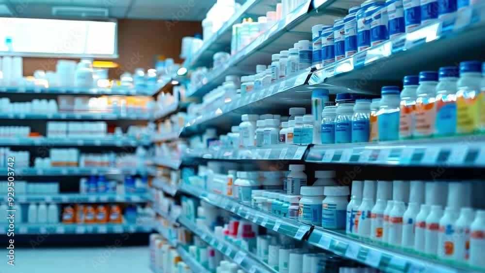 A pharmacy displays a wide array of medicine bottles arranged neatly on multiple shelves, showcasing safety and order in a healthcare environment. A pharmacy displays a wide array of medicine bottles arranged neatly on multiple shelves, showcasing safety and order in a healthcare environment.