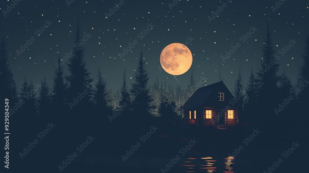Fototapeta premium A serene night scene featuring a cabin by a lake under a full moon and starry sky.