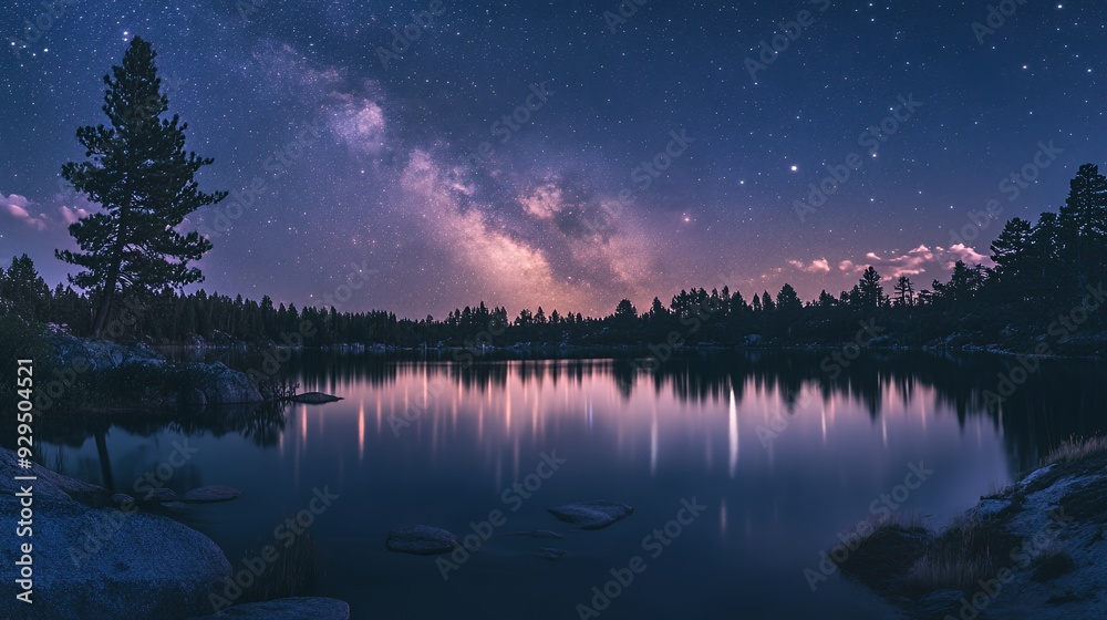 A serene night scene featuring a starry sky reflected in a tranquil lake surrounded by trees. A serene night scene featuring a starry sky reflected in a tranquil lake surrounded by trees.