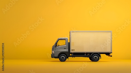 Big cardboard box package on a grey truck ready to be delivered on yellow background.