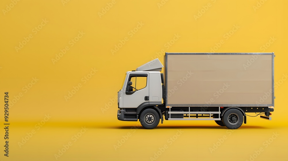 Big cardboard box package on a grey truck ready to be delivered on yellow background. Big cardboard box package on a grey truck ready to be delivered on yellow background.
