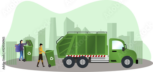garbage collector workers pick up trash cans in the city, housewives throw garbage in bins vector illustration
