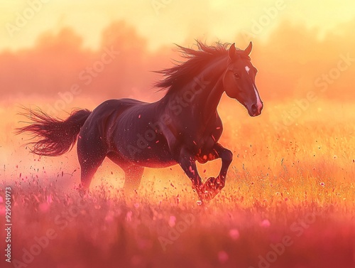 A stunning digital artwork featuring a horse galloping freely across an open field at sunr photo