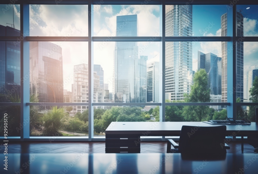 Fototapeta premium A Modern Office with a View of Cityscape Through Large Windows