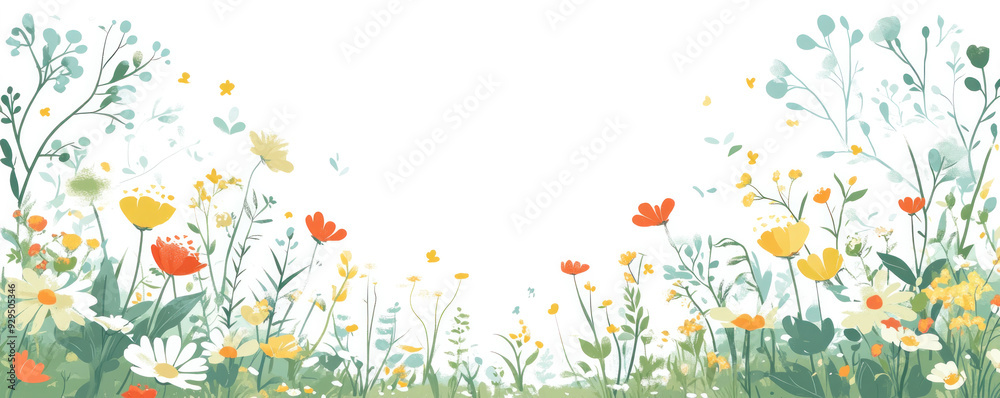 A field of flowers with a white background. The flowers are in various colors and sizes, and they are scattered throughout the field A field of flowers with a white background. The flowers are in various colors and sizes, and they are scattered throughout the field