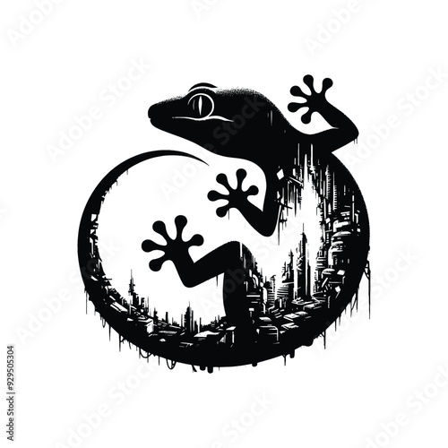 silhouette of Gecko, filled with destroyed futuristic dystopia environment in rough drawing, animal,