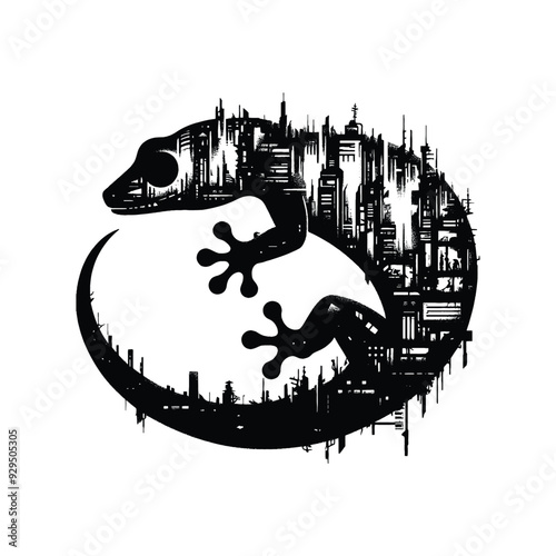 silhouette of Gecko, filled with destroyed futuristic dystopia environment in rough drawing, animal,