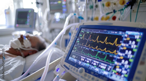 A man is hooked up to a monitor in a hospital bed. The monitor displays a variety of numbers and graphs, indicating the man's vital signs. Concept of urgency and concern photo