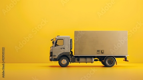 Big cardboard box package on a grey truck ready to be delivered on yellow background.