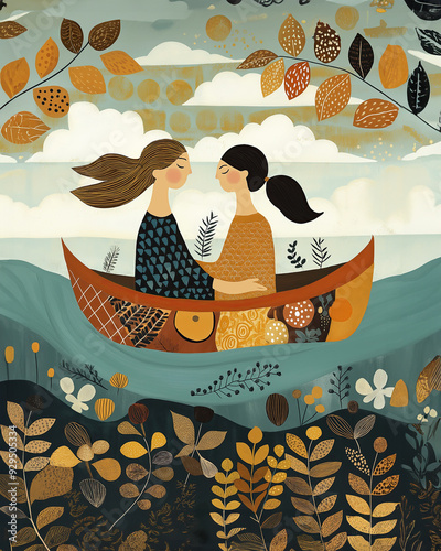 Lovers in a Boat, Romantic Wall Art, Autumn Leaves Print photo