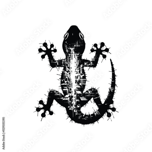 silhouette of Gecko, filled with destroyed futuristic dystopia environment in rough drawing, animal,