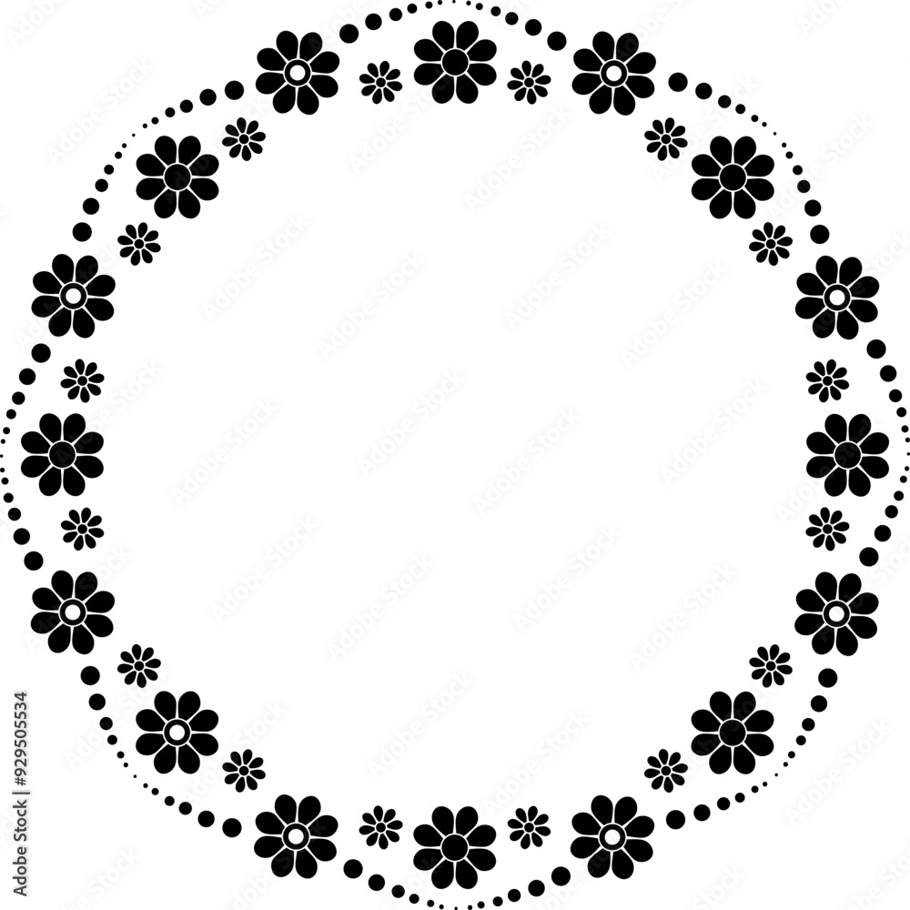 Black silhouette Tiny cute round floral frame border. Isolated decoration Black silhouette Tiny cute round floral frame border. Isolated decoration