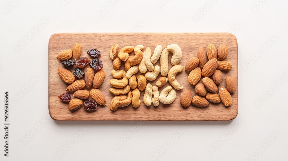 A wooden platter showcasing a variety of nuts and dried fruits arranged neatly. A wooden platter showcasing a variety of nuts and dried fruits arranged neatly.
