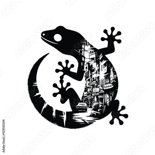 silhouette of Gecko, filled with ghetto street in rough drawing, animal,