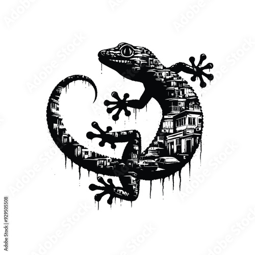 silhouette of Gecko, filled with ghetto street in rough drawing, animal,