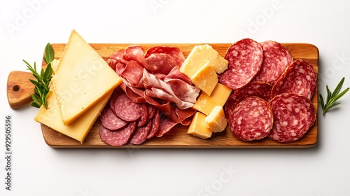 A wooden platter featuring various cheeses and cured meats, ideal for a charcuterie board.